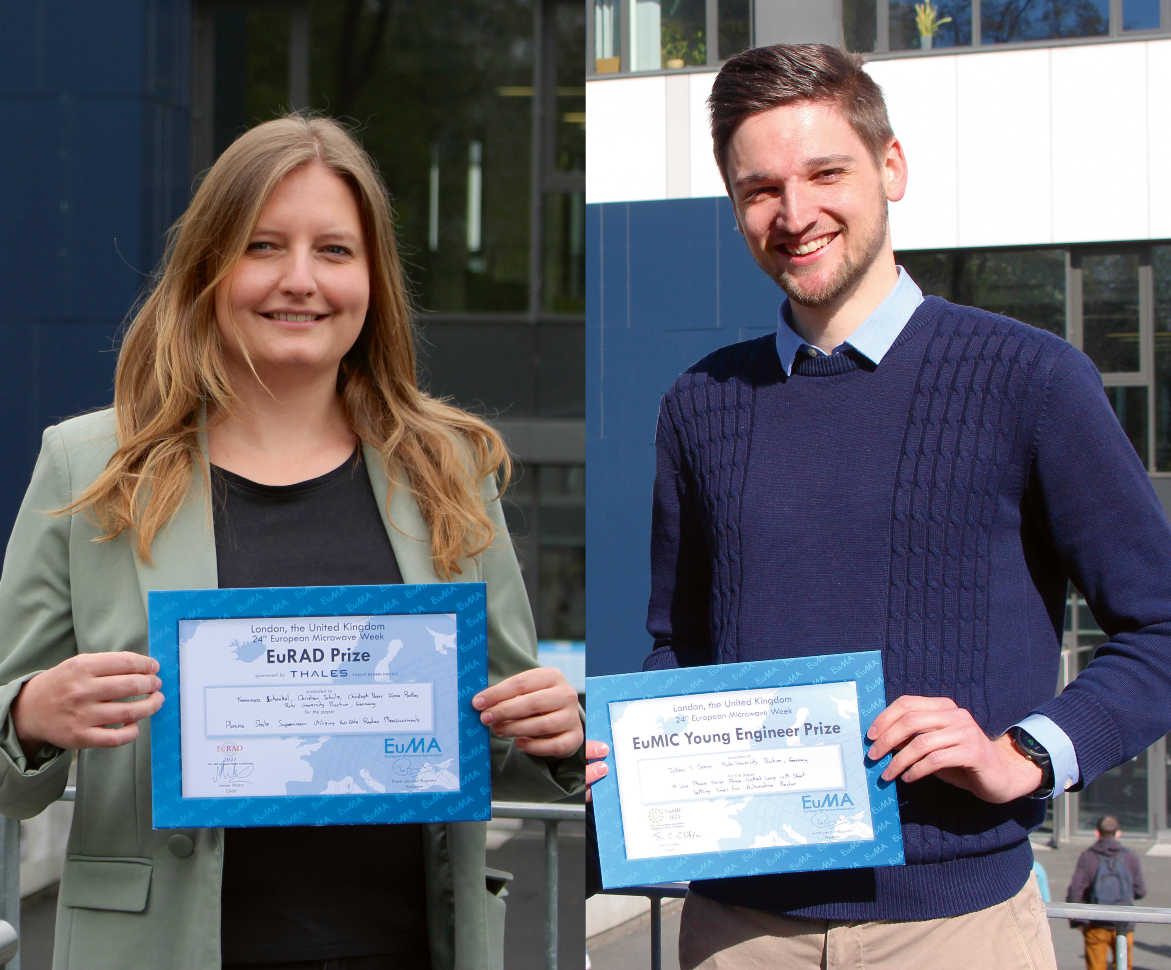Francesca Schenkel gewann in London den EuRAD Preis, Tobias T. Braun gewann den EuMIC Young Engineer Preis. (© RUB/Zeitel)