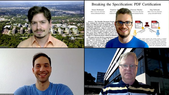 Das Bochumer Forschungsteam beim digitalen Austausch: Simon Rohlmann, Christian Mainka, Vladislav Mladenov und Jörg Schwenk (von oben links nach unten rechts) © Privat