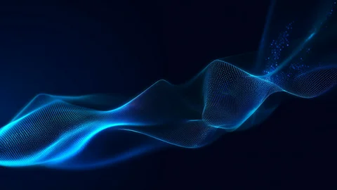 Abstrakte, digitale Wellenstruktur in Blau- und Lichteffekten auf dunklem Hintergrund.