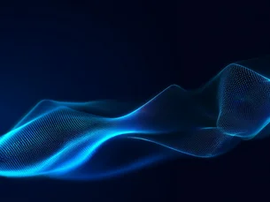 Abstrakte, digitale Wellenstruktur in Blau- und Lichteffekten auf dunklem Hintergrund.