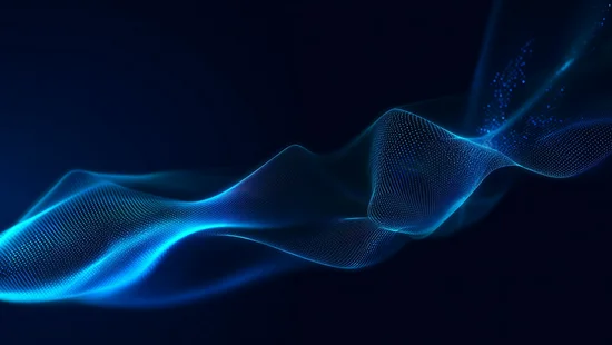Abstrakte, digitale Wellenstruktur in Blau- und Lichteffekten auf dunklem Hintergrund.