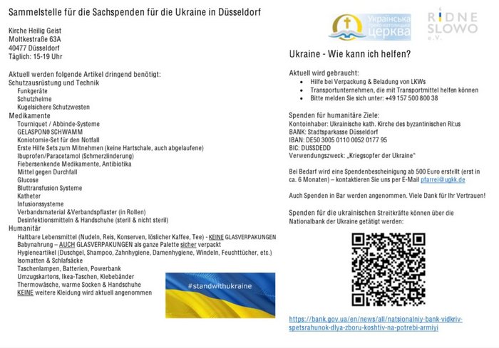 Eine Liste der Spenden die in der Ukraine dringend benötigt werden. (© Kirche Heilig Geist Düsseldorf) Aufruf mit Informationen zu benötigten Spenden für die Ukraine (© Kirche Heilig Geist Düsseldorf)