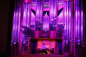 Organist Markus Breker spielt an der Orgel, die in lilanes Licht getaucht ist (Foto:RUB/Zeitel)